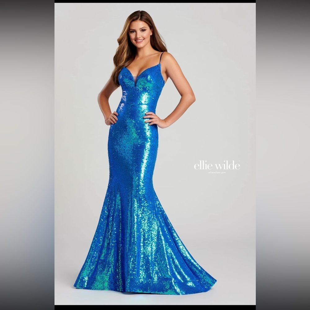 Ellie Wilde By Mon Cherie Sequin Prom Gown Style EW120037 Peacock Women’s Size 4